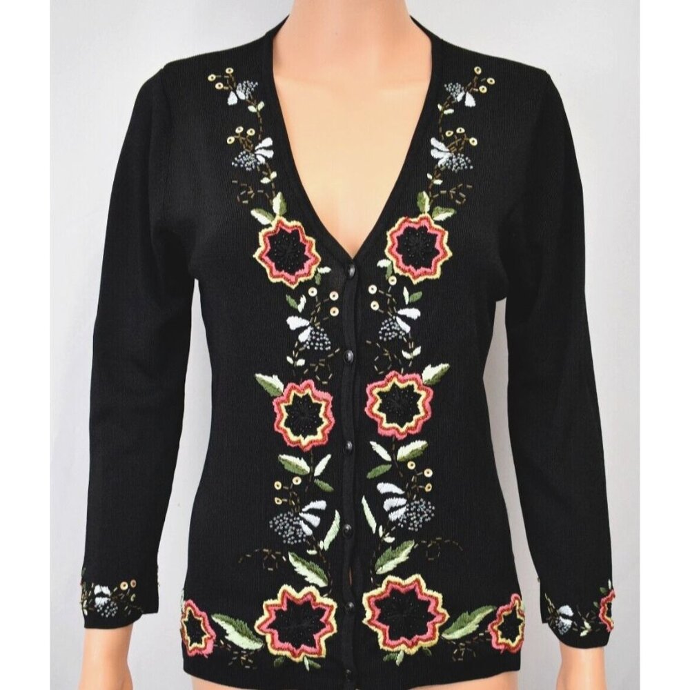 Vintage Embellished Rockabilly Cardigan Sz Small Artsy Y2K Floral Sequin Beaded